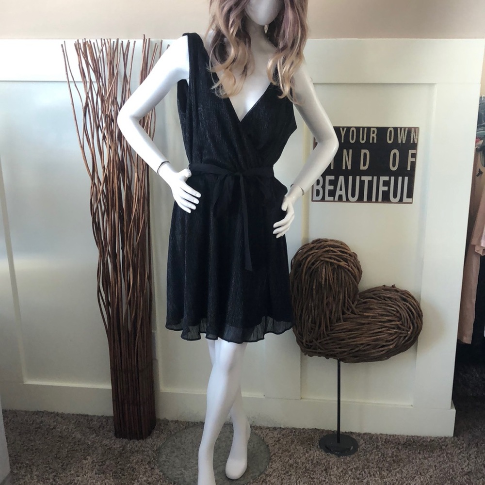 Banana Republic Black Sheer Fit And Flare V-Neck Dress W/ruffled Hemline